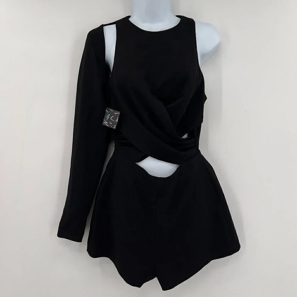 Nasty Gal Women's Cut-out One Sleeve Lined Black Romper Size S NWT - Picture 2 of 10
